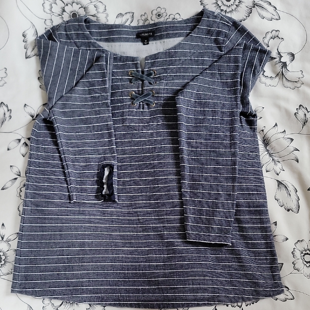 Talbots Blue and White Polo Tie Front Blouse